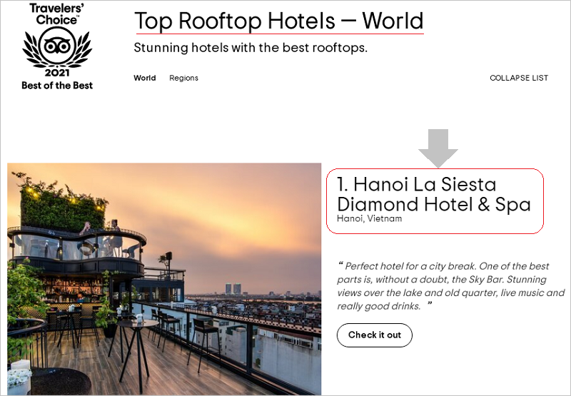 việt nam có đại diện "on top" trong danh sách 25 khách sạn sở hữu tầng thượng đẹp nhất thế giới