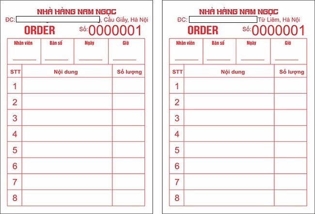 mẫu order món chuẩn cho nhà hàng - khách sạn