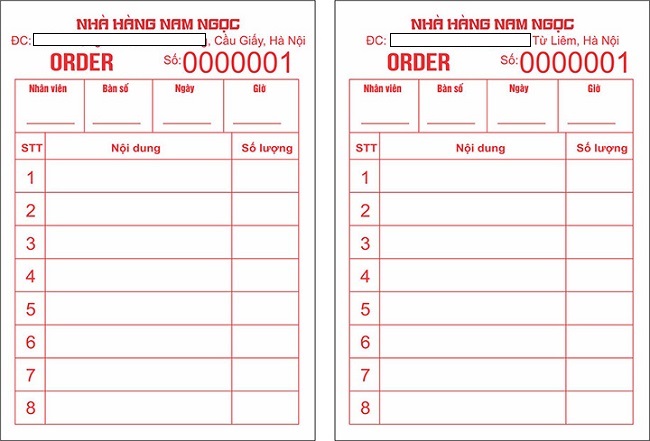 mẫu order món chuẩn cho nhà hàng - khách sạn